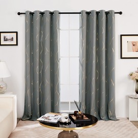 Deconovo Gold Wave Print Blackout Curtains for Bedroom, Thermal Insulated Curtains for Living Room, Room Darkening Drapes (Light Grey/Wave, 52x108 Inch, 2 Panels)