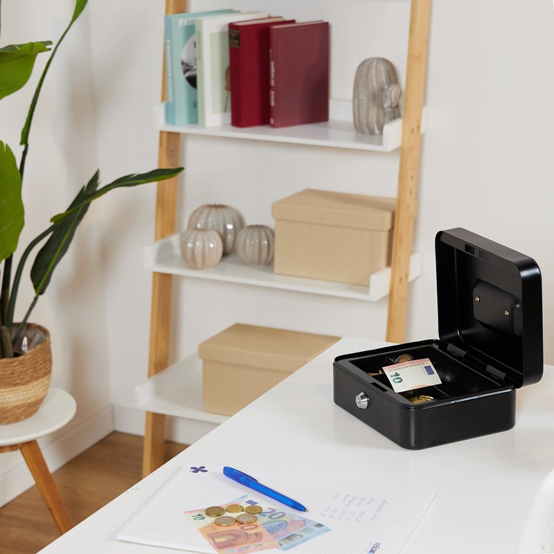 Relaxdays Lockable Cash Box, Removable Insert, 5 Compartments, Iron Cash
