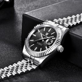 Pagani Design Herren-Automatikuhr Mechanisches Uhrwerk Verschraubte Krone Wasserdicht bis 100 Meter Edelstahlgehäuse Saphirglas Zifferblatt 21 Juwelen Gelbgold Luxusuhr PD 1645 (Silber schwarz)