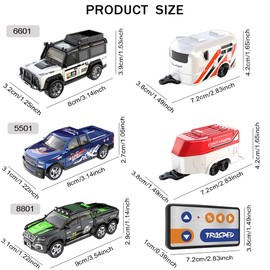 Park10 Toys Remote Control Small Car, 1:64 Scale Off-Road RC Car, USB Rechargeable 2.4GHZ Three Speed Indoor Alloy Vehicle (8801A with Trailer)