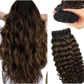 Chestnut Brown Sew in Hair Extension Deep Curly Real Human Hair Honey Blonde Highlighted Double Weft Black to Beige Brown Balayage Remy Hair Bundles 18" 100G Water Wave Sew in Hair Extension for Women