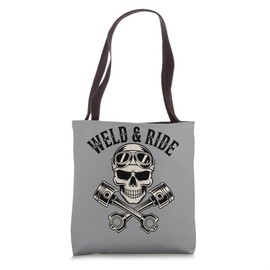Skull with Goggles and Crossed Pistons Biker Artwork Tote Bag