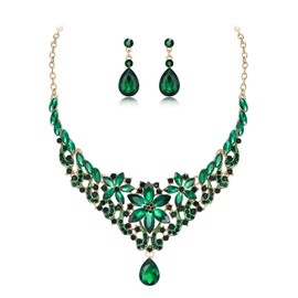 Clearine Wedding Jewellery Set for Women Bride, Gorgeous Stunning Crystal Marquise Teardrop Cluster Statement Necklace Dangle Drop Earrings for Bridal Bridesmaid Prom Accessories Emerald Gold-Tone