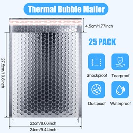 Dyrfolm 25 Pack Metallic Bubble Mailers,8 x 11 Inch Silver Thermal Bubble Mailer,Waterproof Insulated Shipping Envelopes for Food, Cosmetics,Foil Self Sealing for Cold Shipping