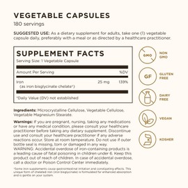 Solgar Gentle Iron, 180 Vegetable Capsules - Ideal for Sensitive Stomachs - Non-Constipating - Red Blood Cell Supplement - Non GMO, Vegan, Gluten-Free, Dairy Free, Kosher - 180 Servings