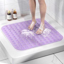 HITSLAM Square Shower Mat Non Slip Anti Mould, 53 x 53cm Bath Mat for Tub with Suction Cups and Drain Holes, Machine Washable Bathroom Anti Slip Shower Mat, Soft on Feet, Purple