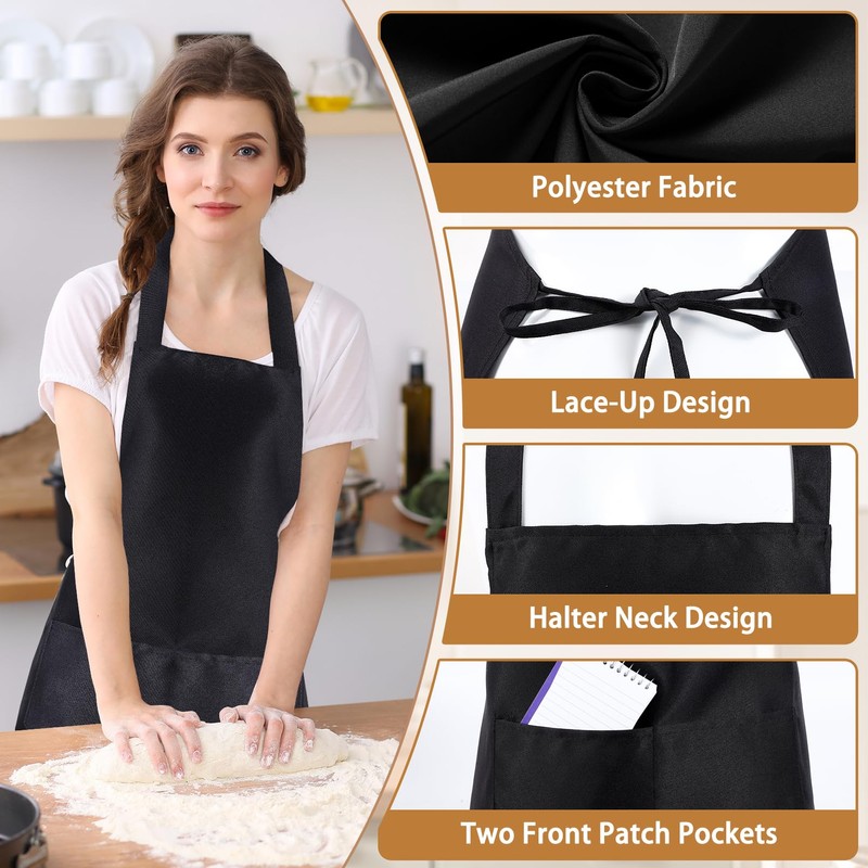 PIEMEET 12Pcs Bib Apron,Black Aprons Bluk,Bib Aprons with 2 Pocket,Kitchen