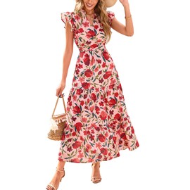 PRETTYGARDEN Women's 2025 Summer Floral Midi Dress Cap Sleeve V Neck Ruffle Long Flowy Boho Casual Beach Vacation Dresses (Floral Orange Pink Red,Small)