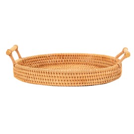 Hand Woven Round Rattan Serving Tray Bread Fruit Dessert Snack Basket with Handles Diameter 24cm Height 3cm