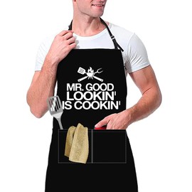 ERWYTYIOI Cooking Apron - Mr. Good Looking is Cooking - Funny Aprons for Men with 2 Pockets Cooking Kitchen Aprons, Black Apron BBQ Grilling Birthday Gifts for Men, Dad, Father (Black), Erw-apron-01, 9.7 x 7.6 x 1.2 inches