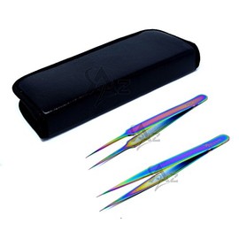 SET OF 2 Stainless Steel Multi Titanium Rainbow Color 3D Eyelash Extension Tweezers A type Straight + Straight Fine Point (A2Z)