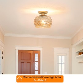 OIYIO Brushed Brass Semi Flush Mount Ceiling Light with Amber Globe Glass Shade, Modern Hallway Lighting Fixtures, Vintage Ceiling Light for Kitchen, Bedroom, Closet, Entryway, Porch