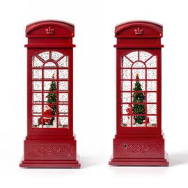 11” Red Christmas Snow Globe Lantern Telephone Booth,Battery Or USB Operated Musical Singing and Lighted Water Glittering Night Light,Festival Centerpiece Decoration for Birthday Xmas Valentines’ Day