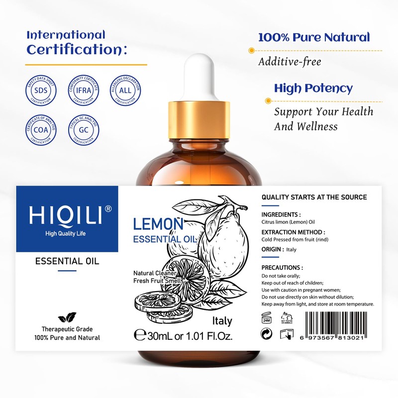 HIQILI Lemon Essential Oil, 100% Pure Undiluted for Cleaning, Skin,