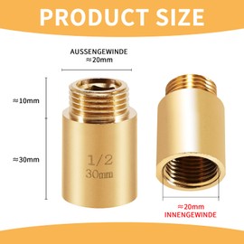 Brass Tap Extension, 30 mm x 1/2 Inch, DN15 Thread Extension, Extension Fitting Made of Brass with 1/2 Inch Internal Thread and Male Thread, Extension for Shower Heads and Taps, Pack of 2
