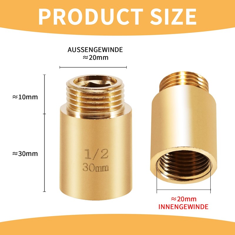 Brass Tap Extension, 30 mm x 1/2 Inch, DN15 Thread