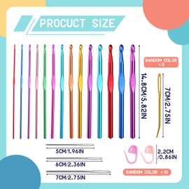 BAGERLA 14 Sizes Crochet Hooks(2.0-10.0mm), Multicolor Aluminum Ergonomic Crochet Hooks Set with Big Eye Yarn Needle and Stitch Markers Clip Extra Long Crochet Needles for Knitting Beginners