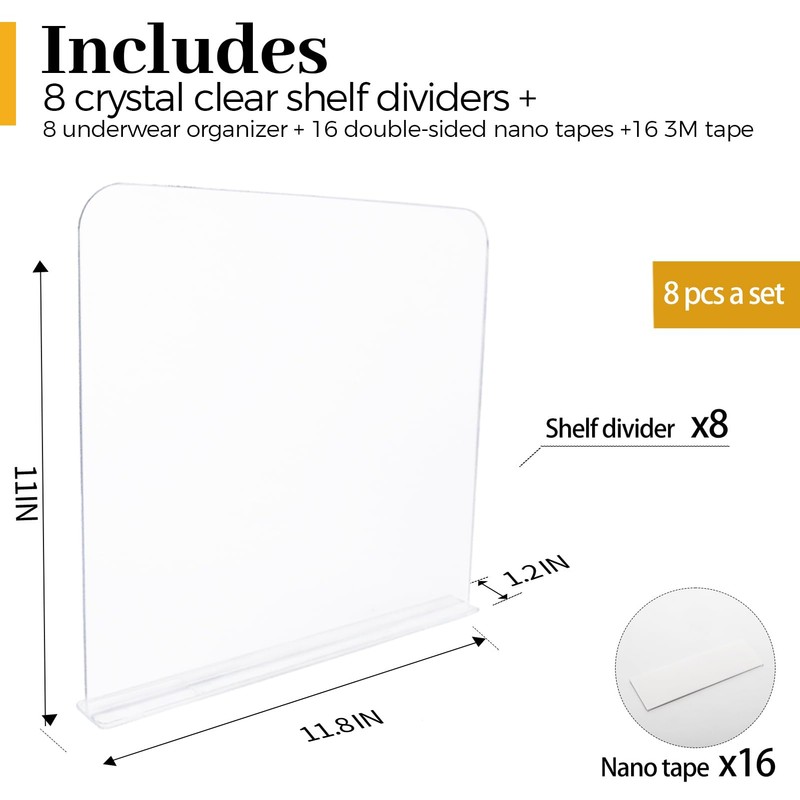 ROUFA 8Pcs Clear Acrylic Shelf Dividers, Closet Organizer Fit for