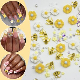 ITPOYOL 100 PCS Flower Nail Art Charms 3D Cute Bee Nail Charms and Gems Yellow White Daisy Spring Summer Floral Charm Rhinestones Jewelry Accessories for Women DIY Manicure Decorations Supplies