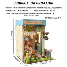 DIY Book Nook Kit,3D Wooden Puzzle Miniature Book Nook Kit,Insert Decor with LED Light and Dust Cover for Adults and Teens,Gifts for Family, Friends（Florist' s on Spring lsle）