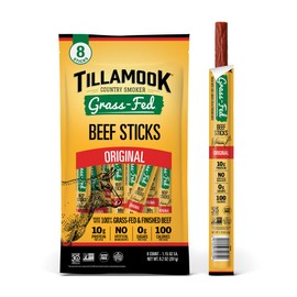 Tillamook Country Smoker 100% Grass Fed Beef Sticks, Zero Sugar, Original, 1.15 Ounce (8-Pack) Whole30 Approved, Non GMO Clean Meat Snacks, High Protein, Gluten Free, Individually Wrapped, Keto Snack