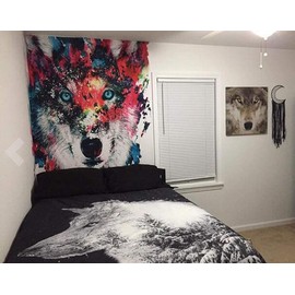 Multicolor Wolf Staring at The Front Painting Wall Hanging Tapestry with Romantic Pictures Art Nature Home Decorations for Living Room Bedroom Dorm Decor (51"H x 60"W, Wolf)