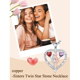 Zoeniya Always My Sister Forever My Friend Necklace Double Birthstone Pendant Necklace Love Heart Jewelry Christmas Birthday Gifts for Women Sister Friend, Base, Cubic Zirconia