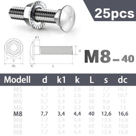 SWTYExt Pack of 25 Carriage Bolts M8 x 40 mm Carriage Screws Flat Head Screws with Flange Nuts M8 Nut DIN 6923 Gate Hinge Screws for Construction Home Decoration Industrial Machinery