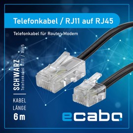 ecabo 10106 6m Modular Telephone Cable - RJ11 to RJ45 Plug - Connection Cable - Western Plug - 4-Core / 8P4C/6P4C / 1:1 - Flat Cable for Telephone, ISDN, Answering Machine, Fax, Modem - Black