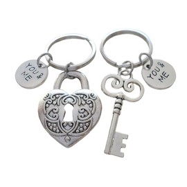 Key & Heart Lock Keychains, Each with You & Me Disc Charms, for Couples, Anniversary Keychains