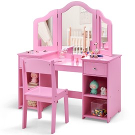 INFANS Kids Vanity, 2 in 1 Princess Makeup Desk and Chair Set with Drawers Tri-Folding Detachable Mirror Large Storage Shelves, Wooden Dressing Table, Pretend Play Vanity Set for Toddler Girls