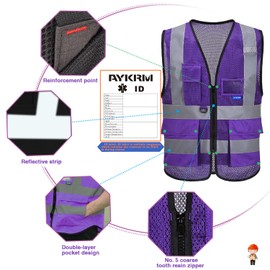 A-SAFETY High Visibility Mesh Safety Reflective Vest with Pockets and Zipper,Hi Viz Work Vest for Men Women (Purple Mesh XL)