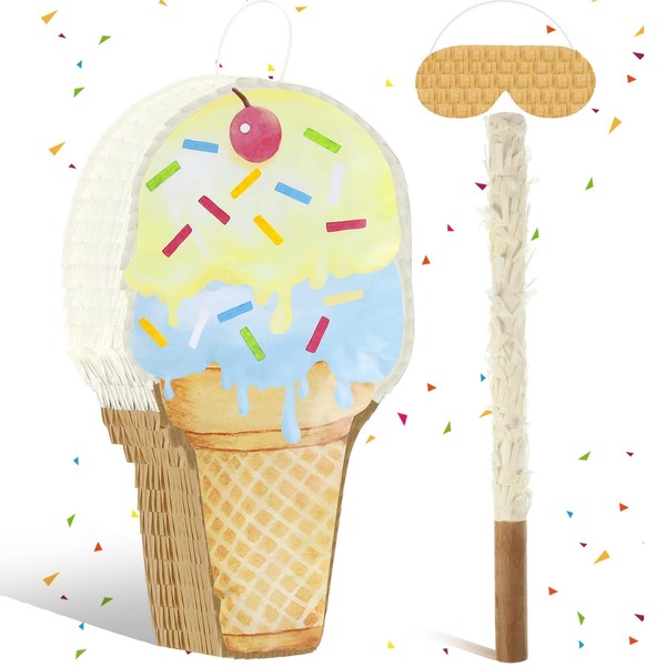 Ice Cream Pinata Ice Cream Cone Shaped Pinata with Stick Blindfold for Kids Birthday Summer Candy Theme Girls Baby Shower Beach Wedding Party Supplies Decorations, 15.8 x 9.5 Inch(Khaki)