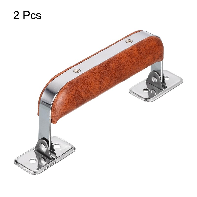 uxcell 2Pcs Brown Leather, Metal Luggage Handle, Vintage Suitcase Replacement