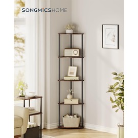 SONGMICS HOME Superfast Toolless Assembly, Corner Shelf, 5-Tier Corner Standing Shelf, Corner Shelf Stand, Living Room, Bedroom, Kitchen, 15 x 10.6 x 54.7 Inches, Somber Walnut ULBC610K02