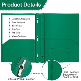 ViVin Sturdy 12-Pack Plastic Folders, Folder with Pockets and Prongs, 2 Pocket Poly File, Plastic Folders with 3-Prong Fasteners, fits 8.5 * 11 Letter Size Paper, for School/Home/Office Use (Green)