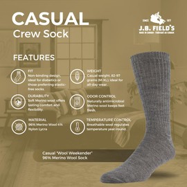 J.B. Field's 96% Merino Wool Weekender Casual Socks, Soft and Itch-free, For Hiking Trekking Running Socks, 3 Pairs (Large) Assorted (Mid-Grey/Light Brown/Natural)