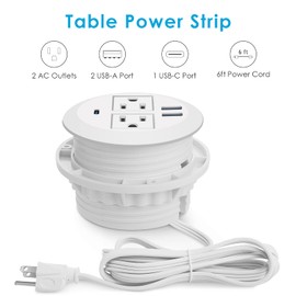 Jgstkcity 2-in-1 Desktop Power Grommet with USB-C Output, 125V, 12A, 2 AC Outlets, 3 USB Charging Ports, White