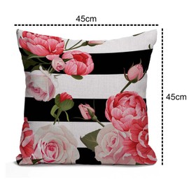 Tomda Cushion Cover Colorful Floral Peony and Roses Black and White Stripes Flowered Pink Abstract Decorative Throw Pillow Cover Pillow Case Home Decor Square 45x45cm 18x18 Inch Pillowcase