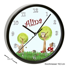 CreaDesign Children's Wall Clocks Silent Clock with (Desired) Name Children's Clock Cool Decoration for Children's Room Ideal for Girls and Boys Forest Animals Motif