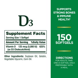 Nature's Bounty Nature's Bounty Vitamin D3, Immune and Bone Support, 5000IU, Rapid Release Softgels, 150 Ct