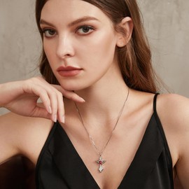 Jiahanzb Birthstone Angel Wing Cross Necklace 925 Sterling Silver Cross Pendant with Colourful Birthstone 12 Months, CZ Diamond Cross Jewellery for Women Birthday Gift, Sterling Silver