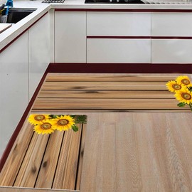Sunflower Kitchen Mats for Floor 2 Piece, Vintage Country Flower Kitchen Rugs Set Low-Profile Standing Mats Brown Wood Plank Absorbent Washable Runner Rugs for Indoor Use 15.7" x 23.6"+15.7" x 47.2"