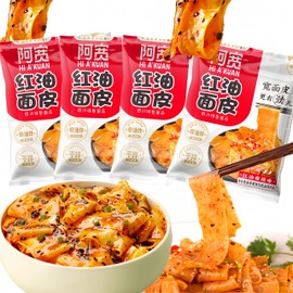 Asian Red Oil Spicy Noodle, Sichuan Chili Oil Wide Noodles, Chinese chewy Instant Ramen Noodles, Non-fried flat noodles snacks 红油面皮 (Pack of 4)