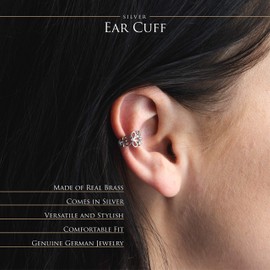 Bungsa® Flower Ear Cuff Stud Earrings with Stone Earring Conch Fake Piercing Clip-On Rhodium