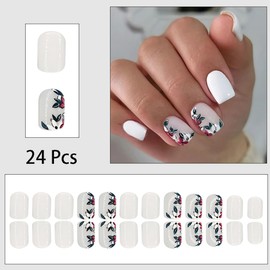 24 Pcs Flower Press on Nails Short Fake Nails Square White False Nails Spring Summer Flowers Design Artificial Nails for Women And Girl