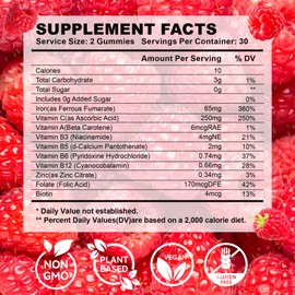 Iron Gummies for Women with Multivitamin, Iron Supplement for Women with Energy & Blood Builder, Raspberry Flavor Iron Vitamin Gummy with Folate, B Complex, Vegan 60 Gummies
