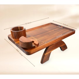 Couch Arm Table,DUBLEYONG,Acacia Wood Sofa Arm Tray with Couch Cup Holder,Adjustable and Stable Phone Tablet Holder,360°Rotating and Easily Removable Holder,Foldable Couch Tray Clip on Wide Couches