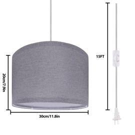 Filltown Plug in Pendant Light Shade, 15Ft Hanging Lights with Plug in Cord, On/Off Switch, Linen Shade, E26/E27 Bulb Socket Hanging Lamp for Living Room, Bedroom, Dining Room, Kitchen, Gray