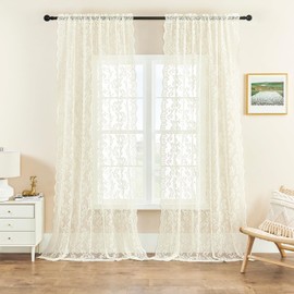 FOLKSIDE Ivory Lace Curtains, 2 Panels, 52"W x 96"L, Rod Pocket, Sheer, Victorian, French, Floral, Paisley, Damask, Sun Protection, Indoor, Bedroom, Living Room, Dining Room, Office, Kitchen